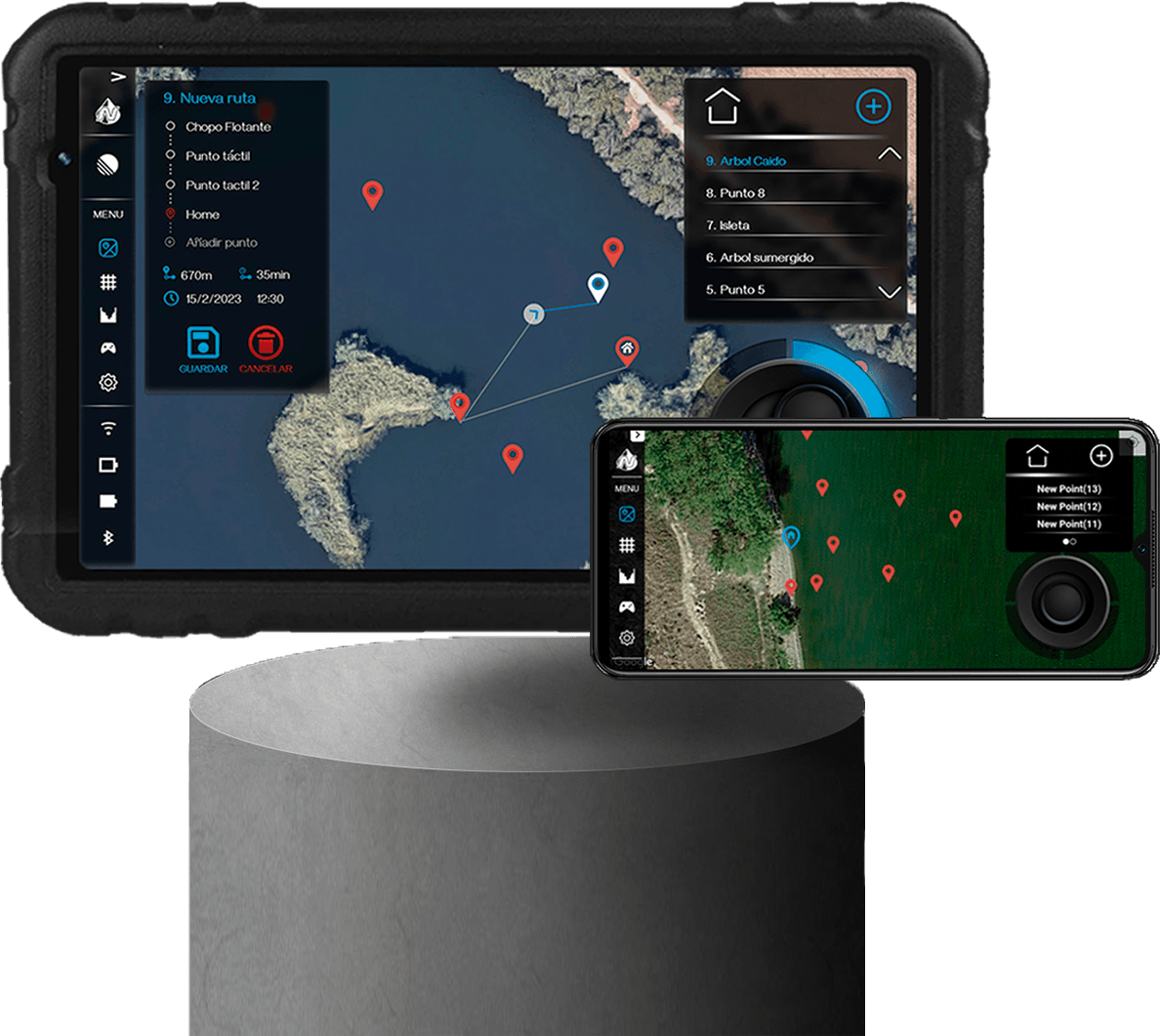 Autopilot Nuntius en la app — tablet y móvil con el mapa de navegación y waypoints