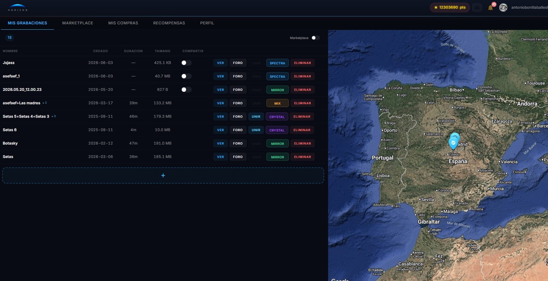HorizonMap — grabaciones de sonda y mapa de spots en la nube